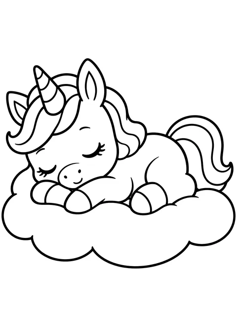 Easy Baby unicorn asleep on a cloud coloring page