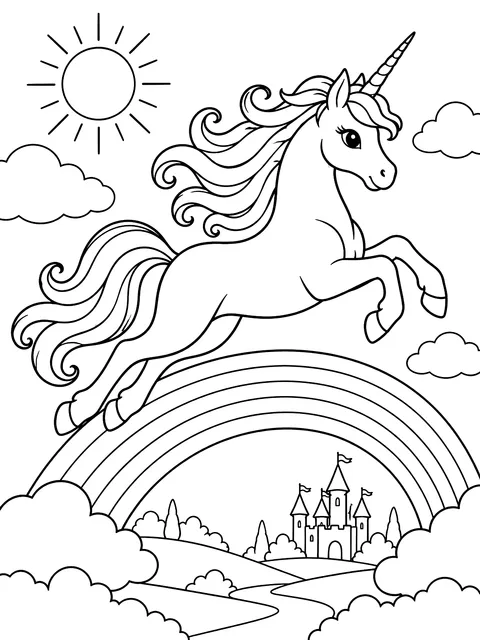 Unicorn leaping over a rainbow coloring page