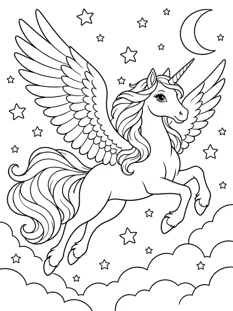 Winged unicorn among the stars coloring page