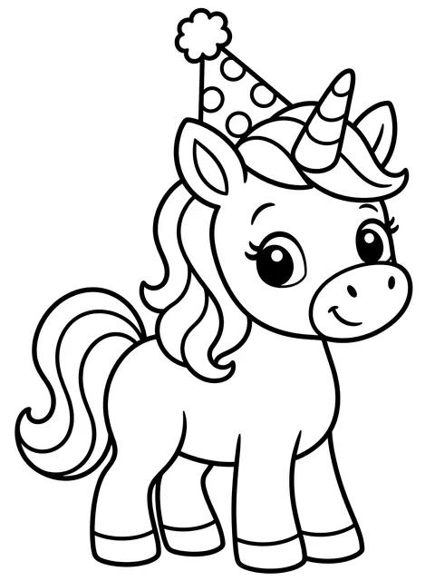 Easy Unicorn in a party hat coloring page