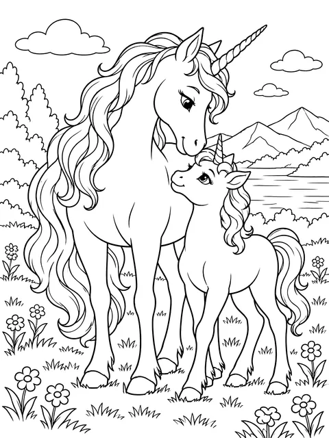 Mother and baby unicorn coloring page