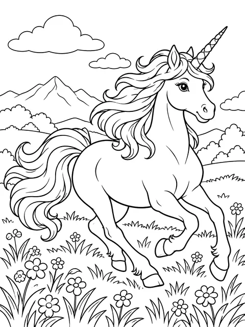 Unicorn galloping through a meadow coloring page