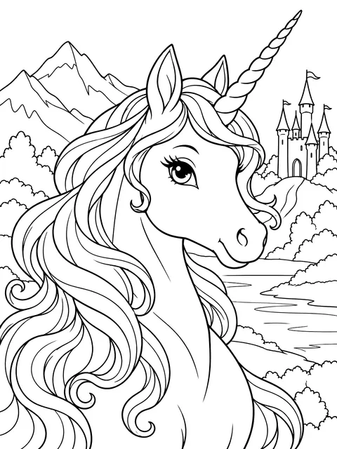 Unicorn portrait with a flowing mane coloring page
