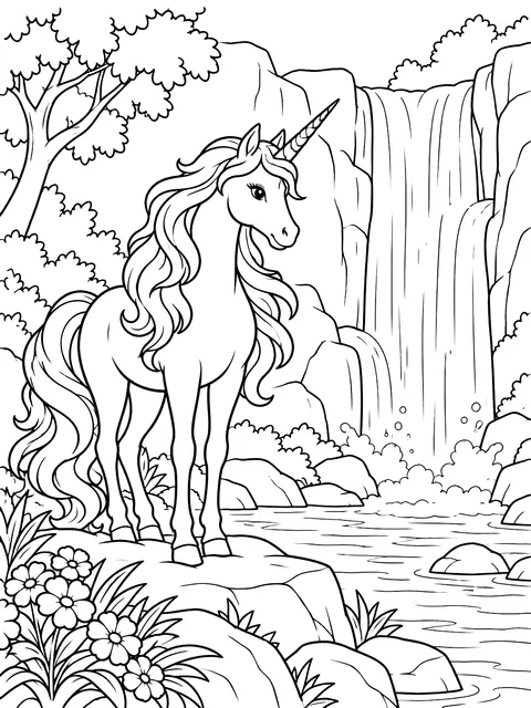 Unicorn beside a waterfall coloring page