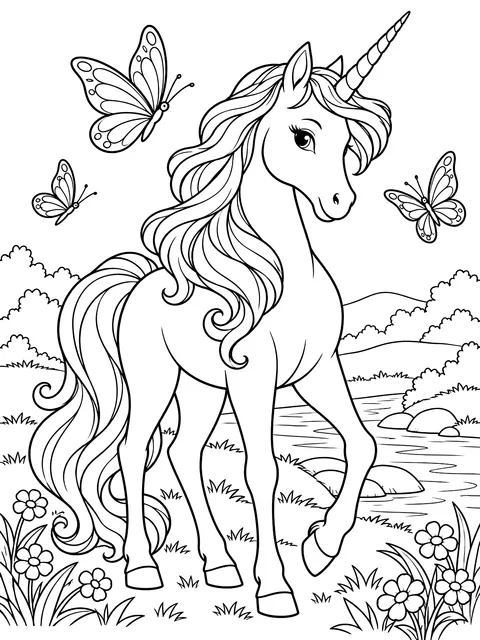 Unicorn with butterflies coloring page