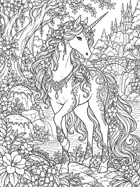 Detailed Unicorn in an enchanted forest coloring page