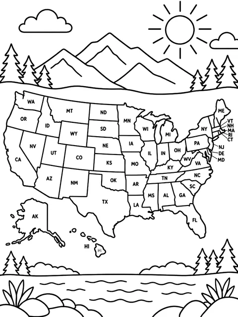 Map with state abbreviations coloring page