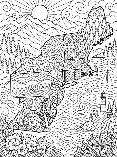 Detailed Northeast region map coloring page