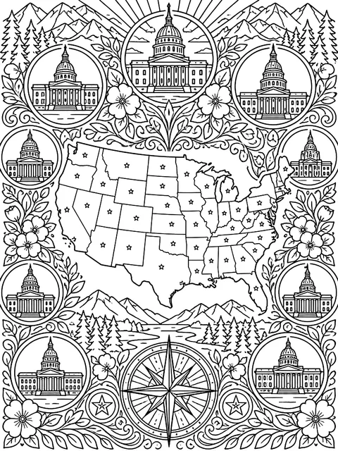 Detailed Map of state capitals coloring page