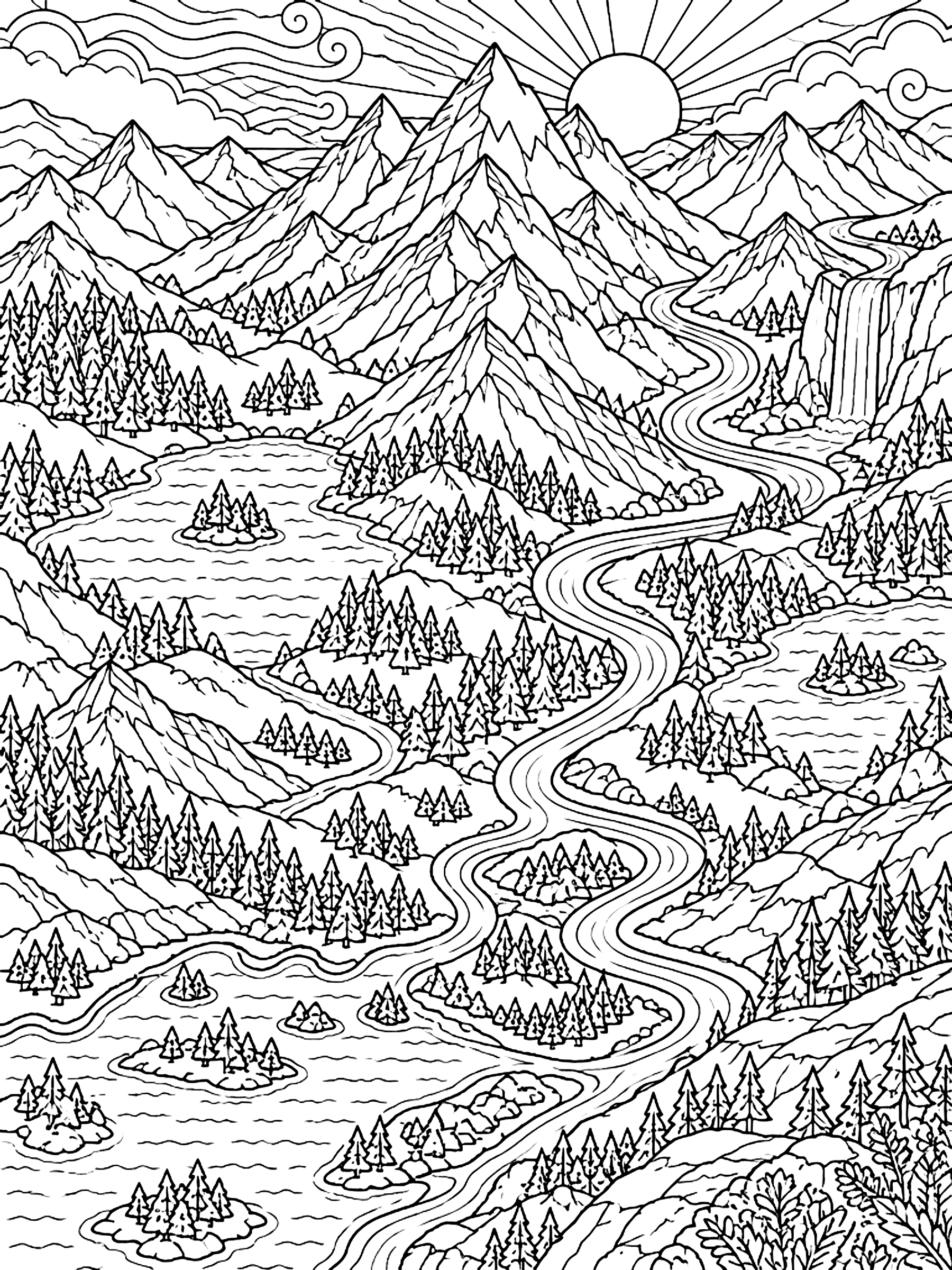 Detailed Map of mountains and rivers coloring page