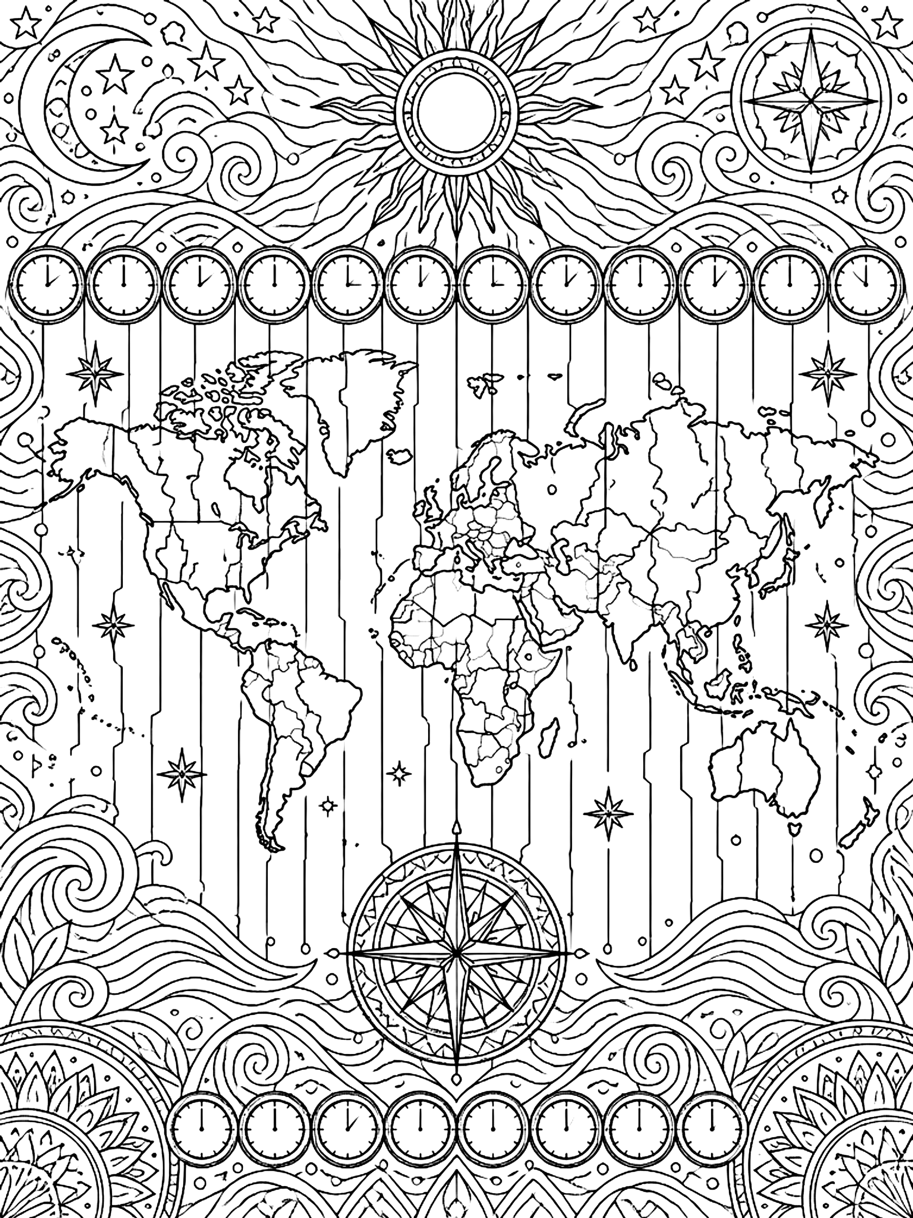 Detailed Map of time zones coloring page