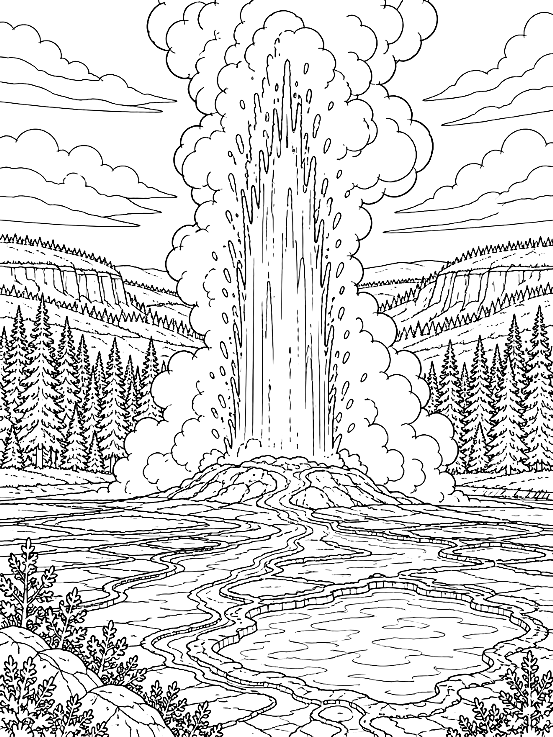 Detailed Geyser erupting in Yellowstone coloring page