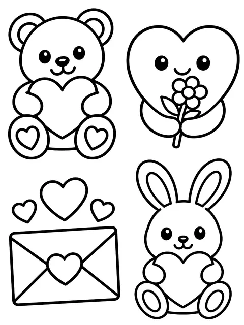 Easy Four color-your-own valentine cards coloring page
