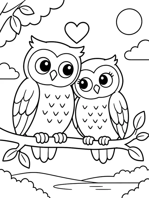 Two owls on a branch with a heart coloring page