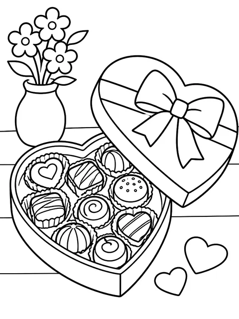 Heart-shaped box of chocolates coloring page