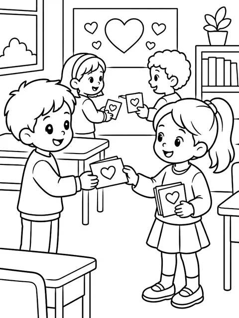 Kids swapping valentines in a classroom coloring page