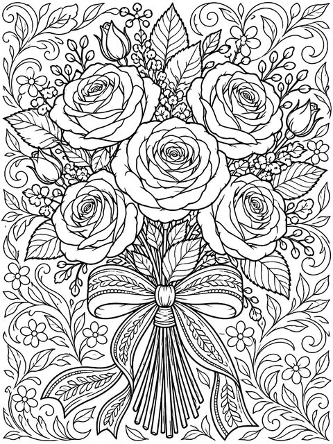 Detailed Rose bouquet tied with ribbon coloring page