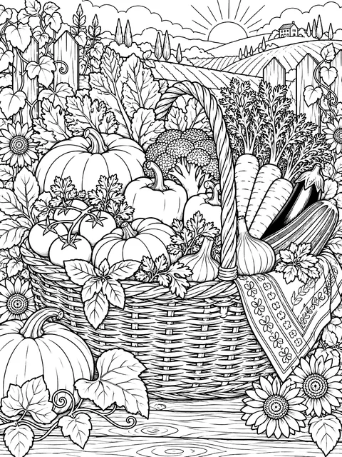Detailed Harvest basket of vegetables coloring page