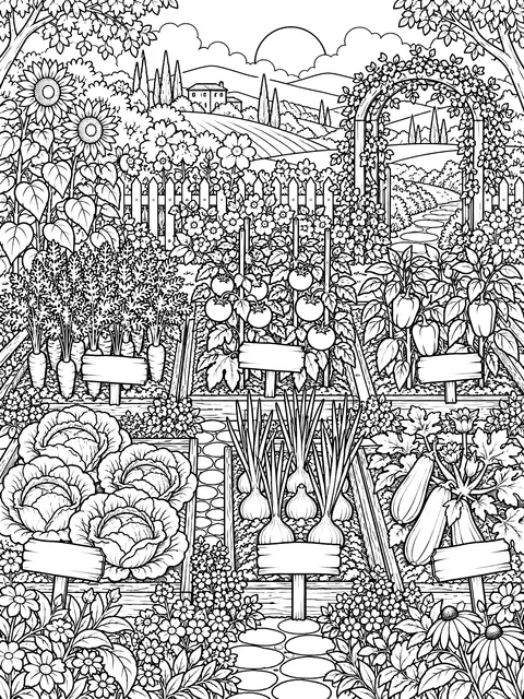 Detailed Vegetable rows with name signs coloring page