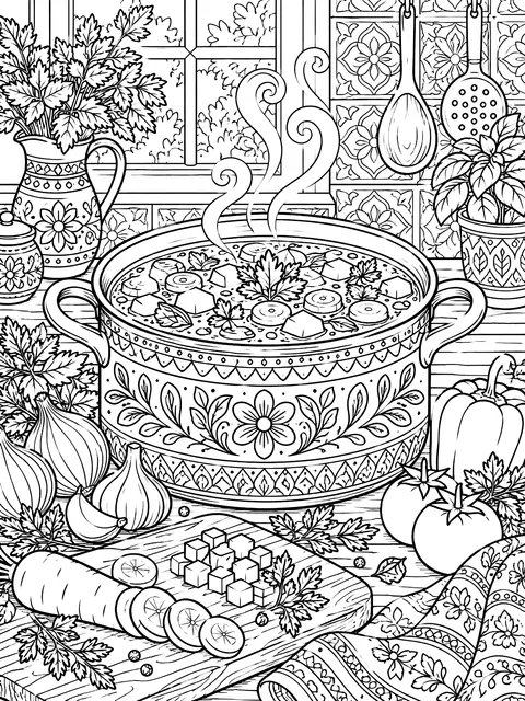 Detailed Pot of soup with chopped vegetables coloring page
