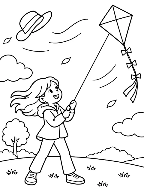 Windy day with a kite and a flying hat coloring page