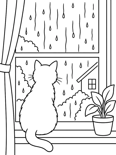 Cat watching rain on a window coloring page