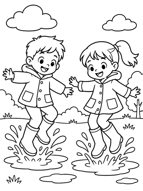 Kids jumping in puddles coloring page