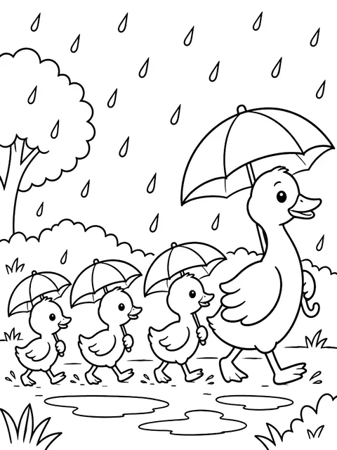 Duck family walking in the rain coloring page