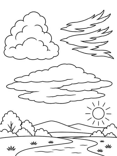 Three cloud types to compare coloring page