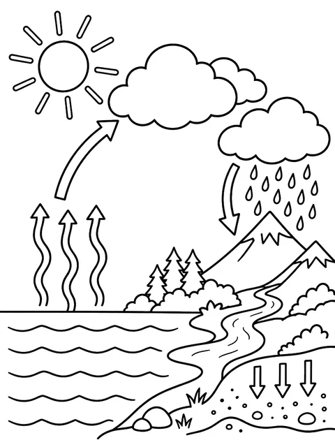 Water cycle diagram coloring page
