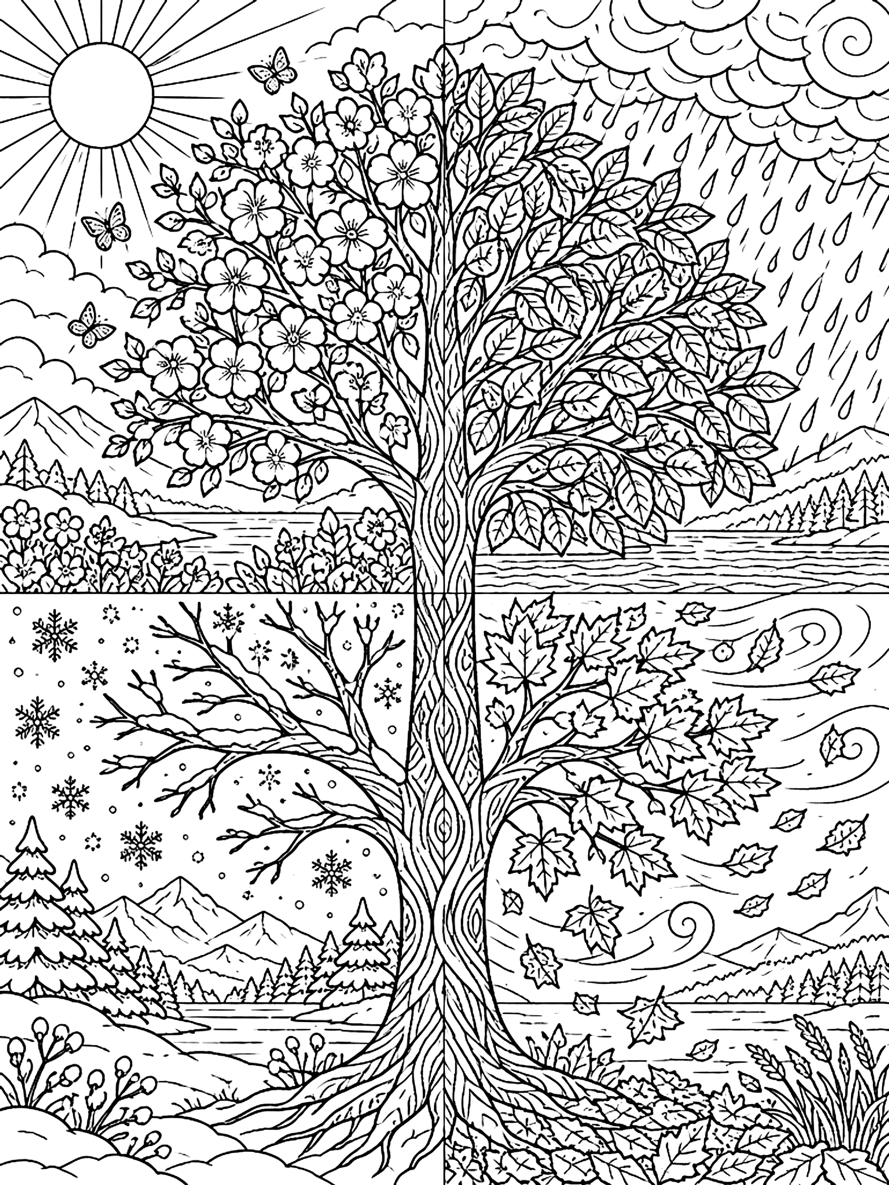 Detailed One tree in four kinds of weather coloring page
