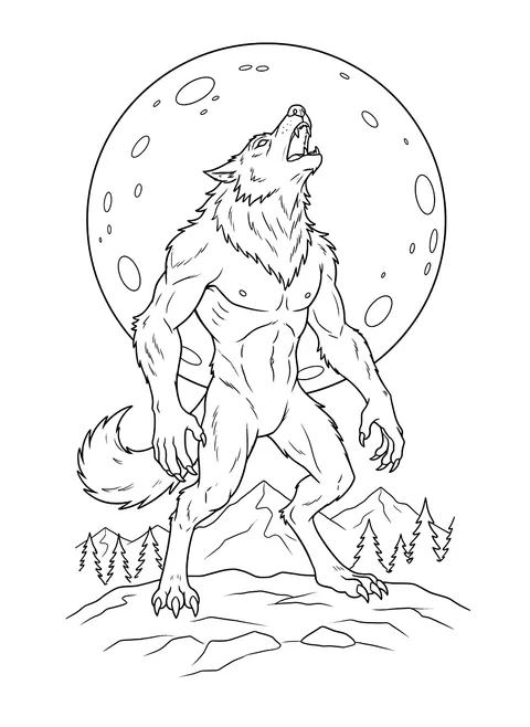 Werewolf howling at the full moon coloring page
