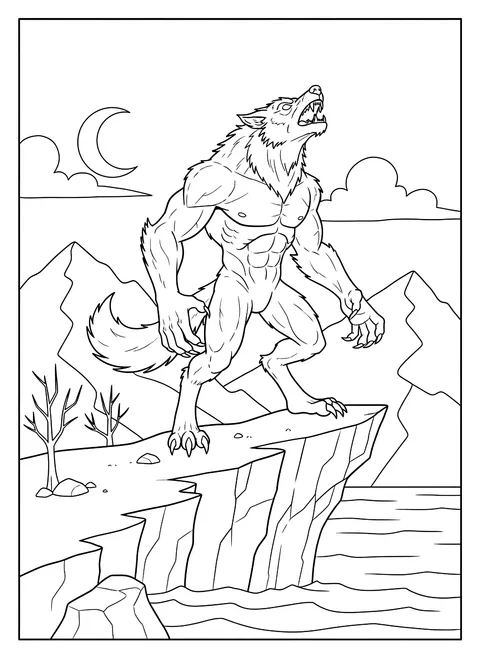 Werewolf on a cliff coloring page