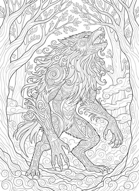 Detailed Werewolf in a misty forest coloring page