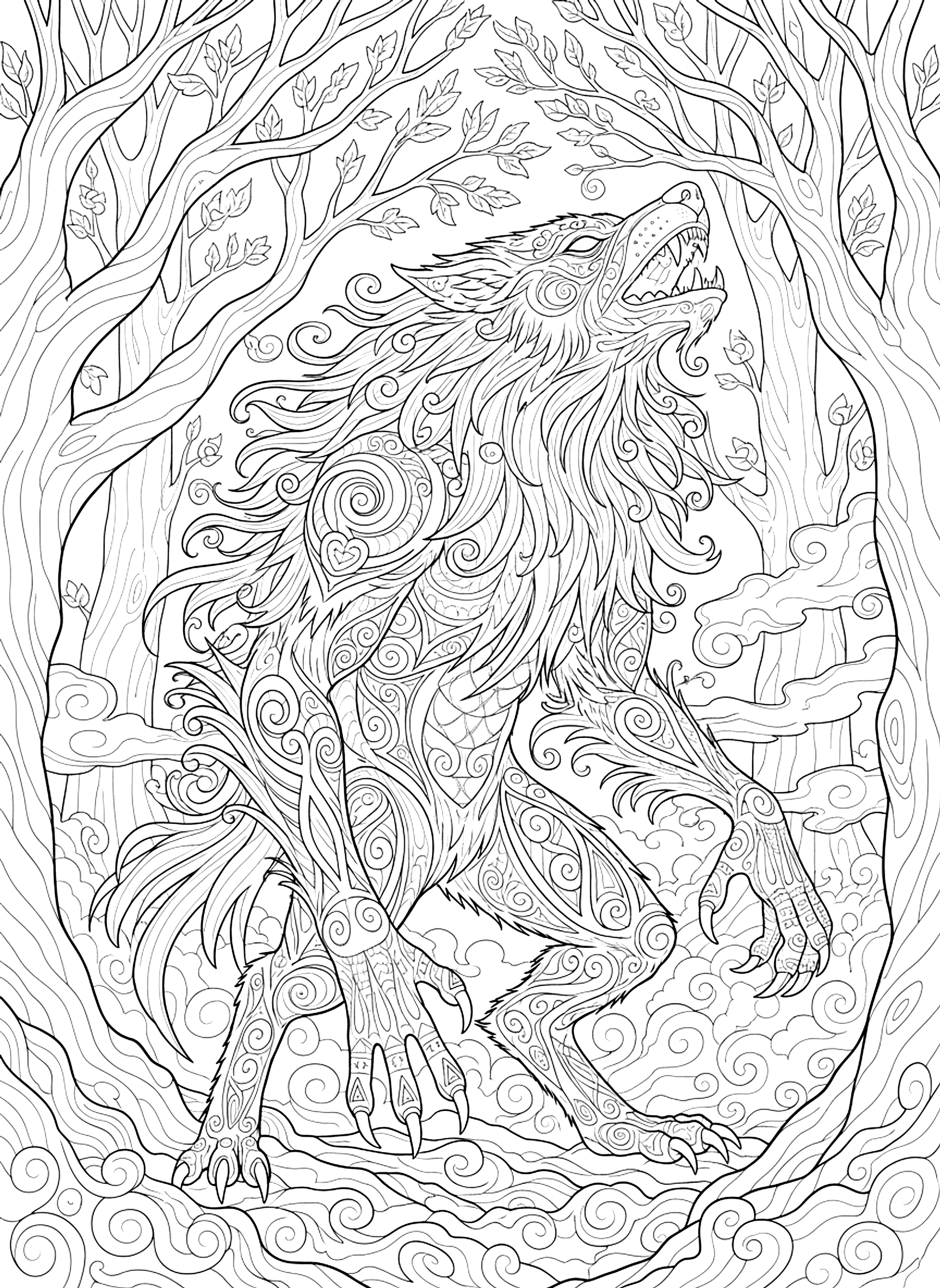 Detailed Werewolf in a misty forest coloring page