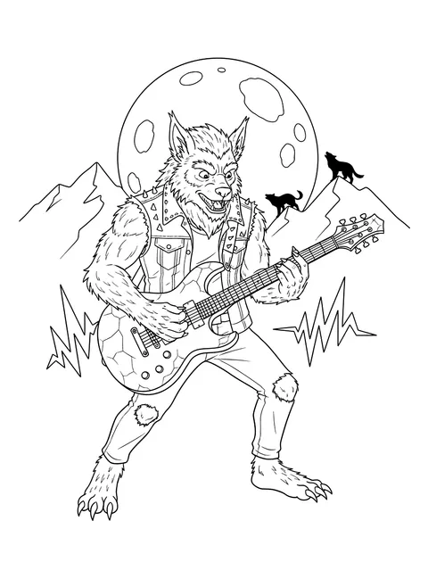 Werewolf playing guitar coloring page