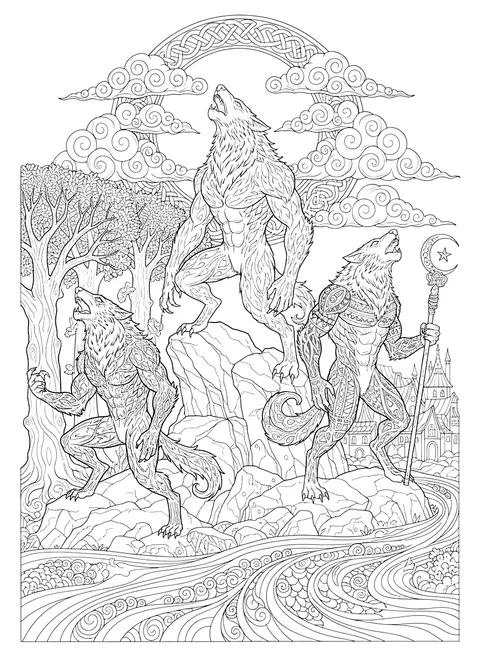 Detailed Werewolf pack coloring page