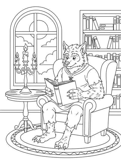 Werewolf reading by candlelight coloring page