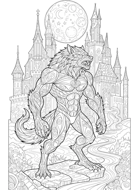 Detailed Werewolf near a castle coloring page