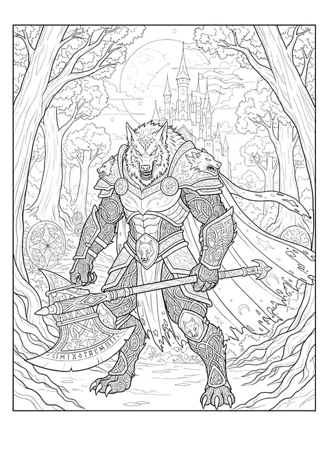 Detailed Fantasy werewolf warrior coloring page