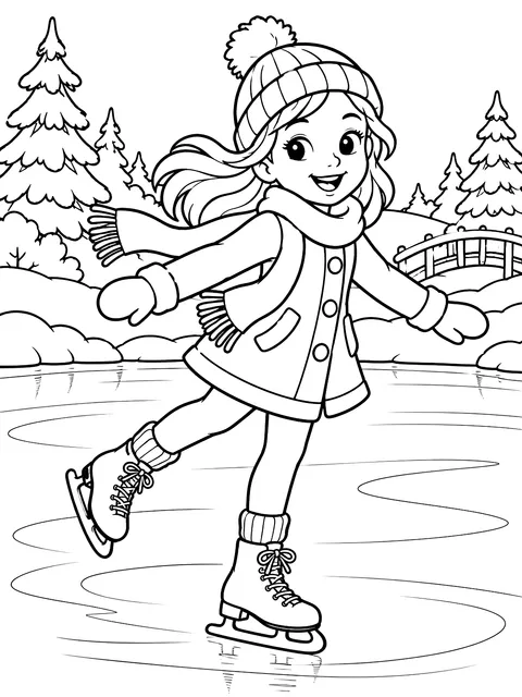 Ice skating on a pond coloring page