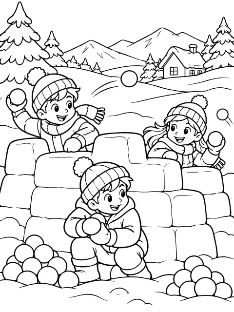 Snowball fight behind a snow fort coloring page