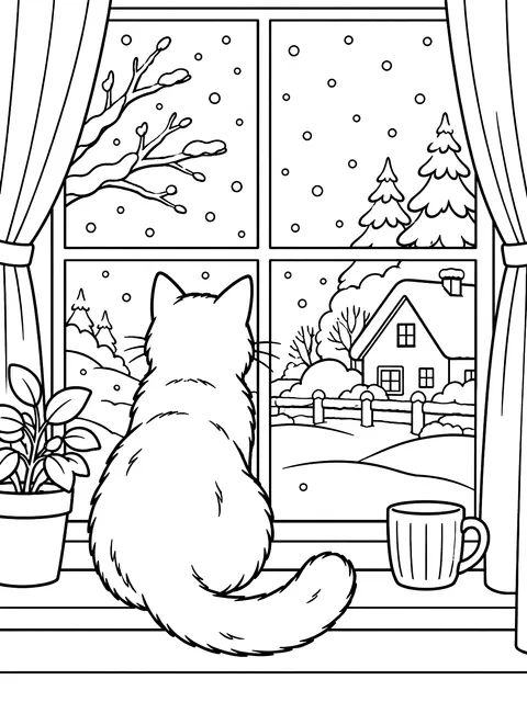 Cat watching snow from a windowsill coloring page