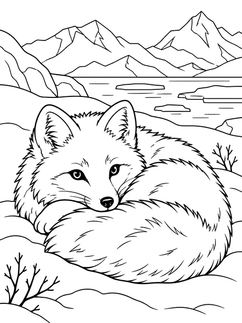 Arctic fox curled up coloring page