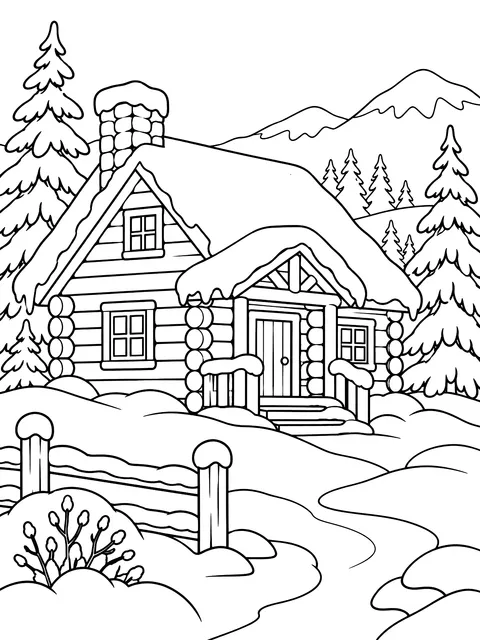 Log cabin in the snow coloring page