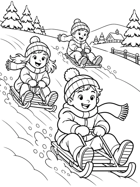 Kids sledding down a hill coloring page