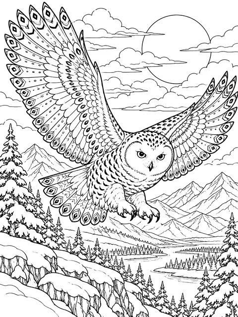 Detailed Snowy owl in flight coloring page