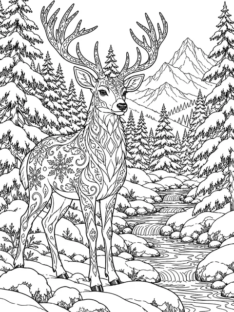 Detailed Deer in a snowy pine forest coloring page