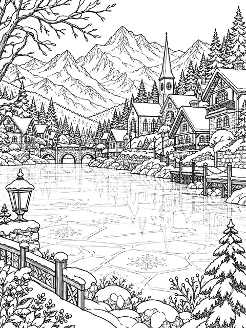 Detailed Village beside a frozen lake coloring page