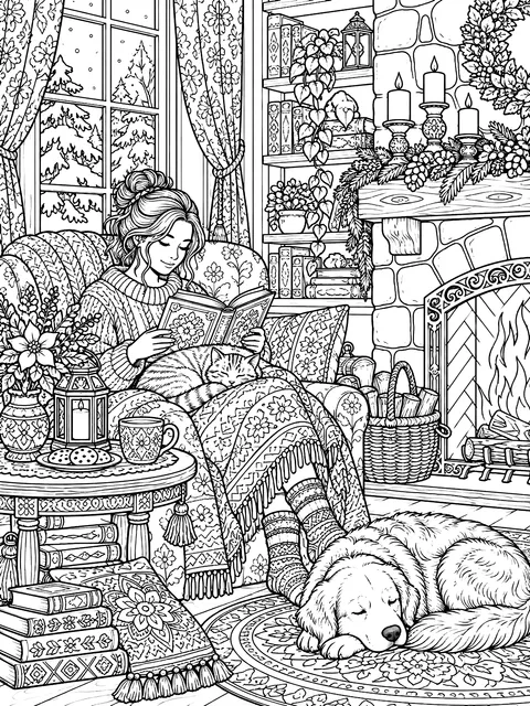 Detailed Reading by the fireplace coloring page